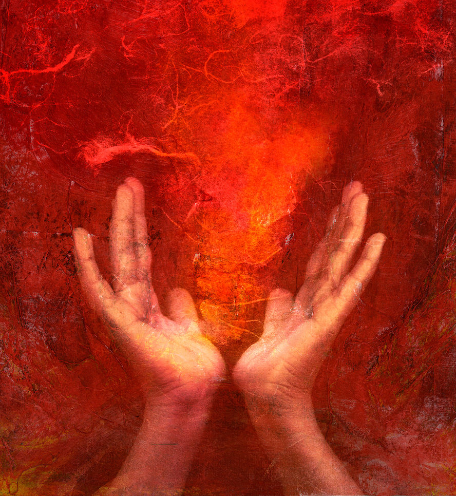 Photo based mixed medium images of hands with red 